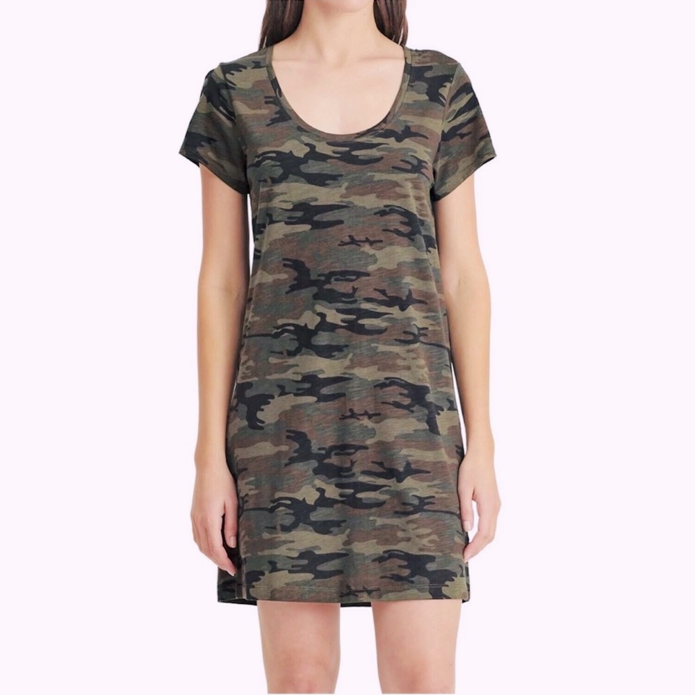 BOBBIE BROOKS Stretchy Knit Army Green Brown Black Camo Camouflage T-shirt Dress
